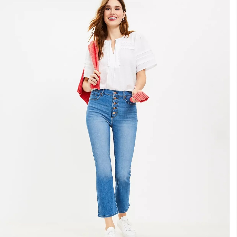NWT 28 Tall LOFT Button Front High Rise Kick Crop Jeans in Bright Mid Indigo